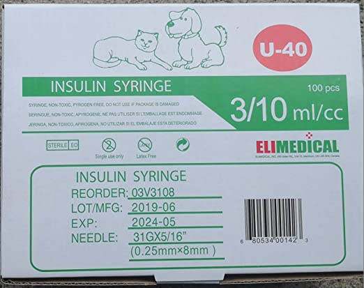 Elimedical Veterinary Syringe U-40 0.3 mL 31G x 5/16 Inch 100 Pack
