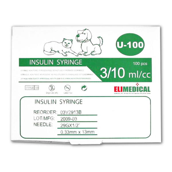 Elimedical Veterinary Syringe U-40 0.5 mL 29G x 1/2 Inch 100 Pack
