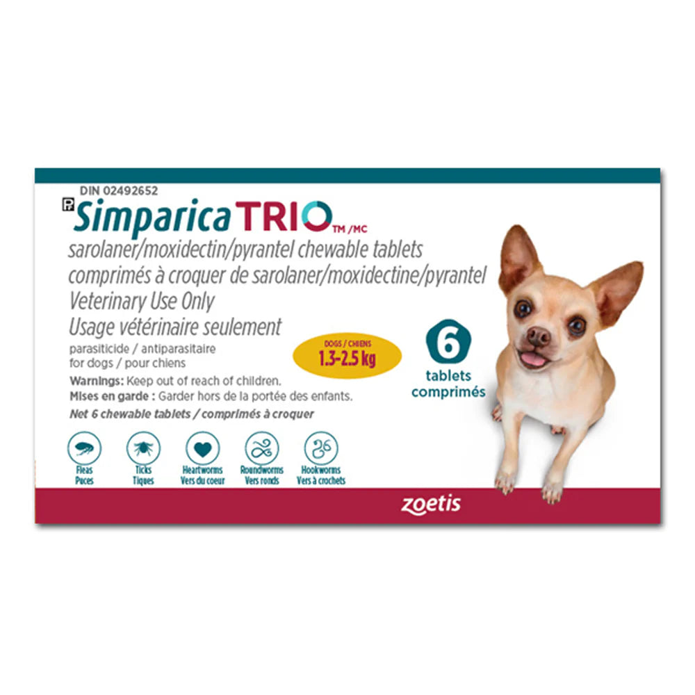 Simparica TRIO Chewable Tablet for Dogs 1.3 to 2.5 kg (Yellow) - 1 Tablet