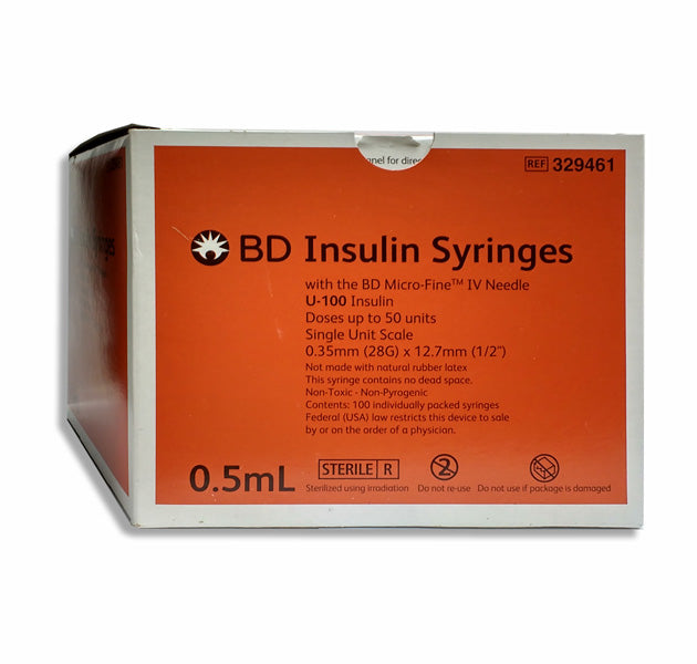 BD Insulin Syringe Micro-Fine IV Needle U-100 0.5 mL 12.7 mm x 28 G 100 Pack