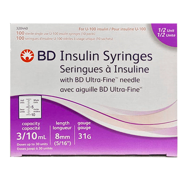 BD Insulin Syringes With Ultra Fine Needles U-100 31G 100 Pack