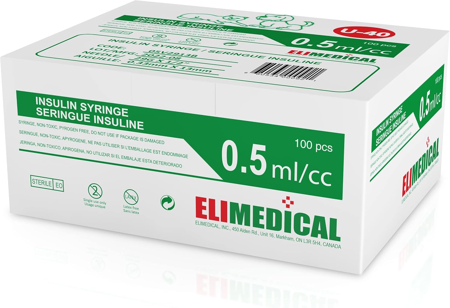 Elimedical Veterinary Syringe U-40 0.5 mL 29G x 1/2 Inch