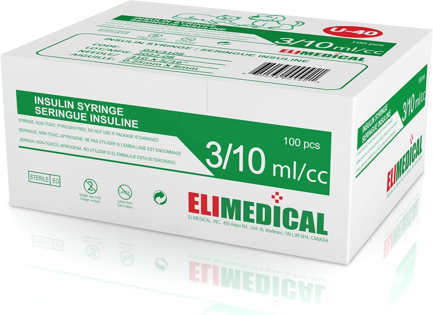 Elimedical Veterinary Syringe U-40 0.3 mL 31G x 5/16 Inch