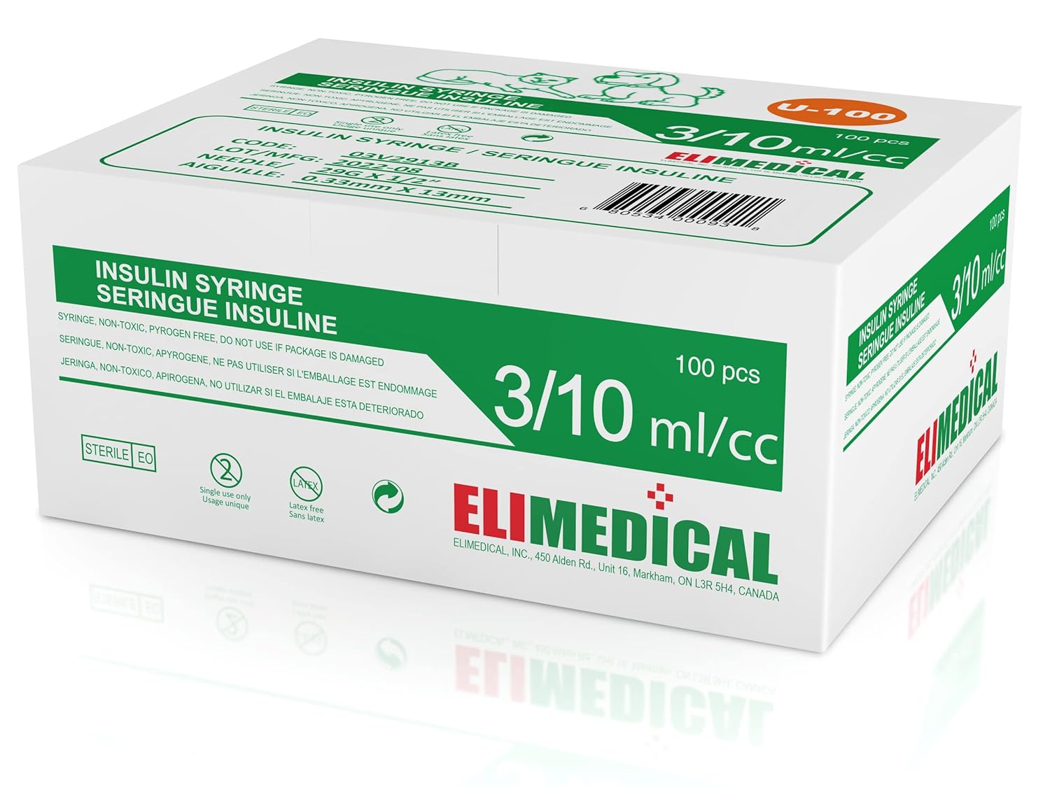 Elimedical Veterinary Syringe U-100 0.3 mL 29G x 1/2 Inch