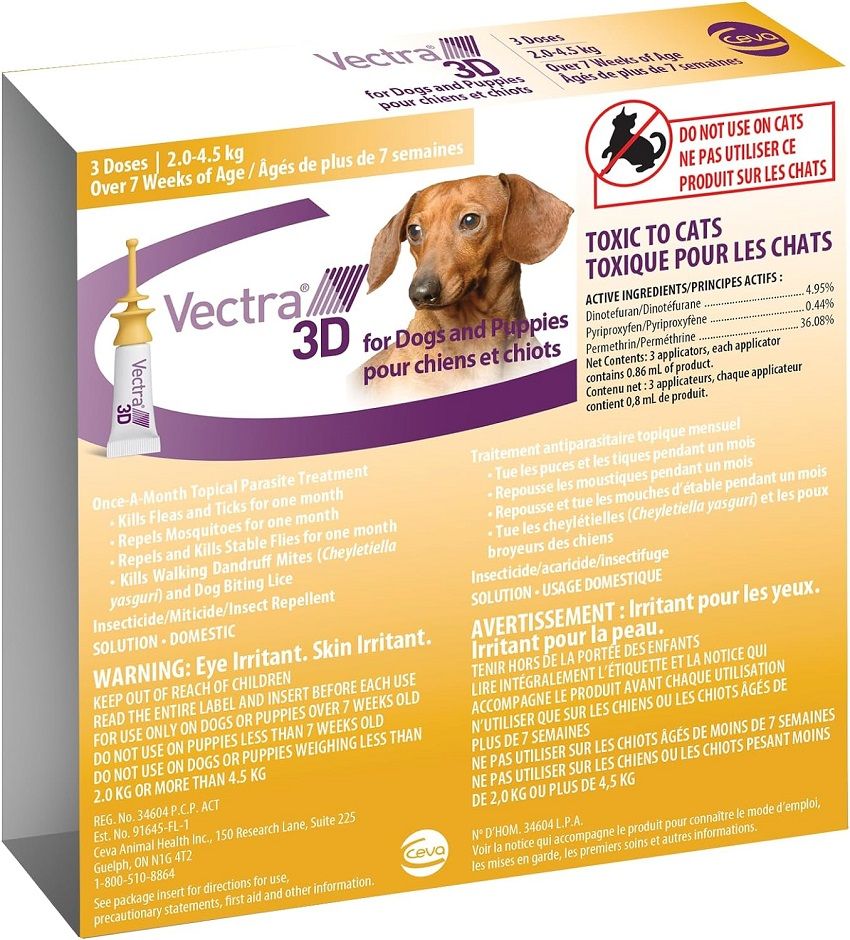 Vectra 3D For Dogs 2 To 4.5 kg (Yellow) 3 Dose Pack - Pets Drug Mart