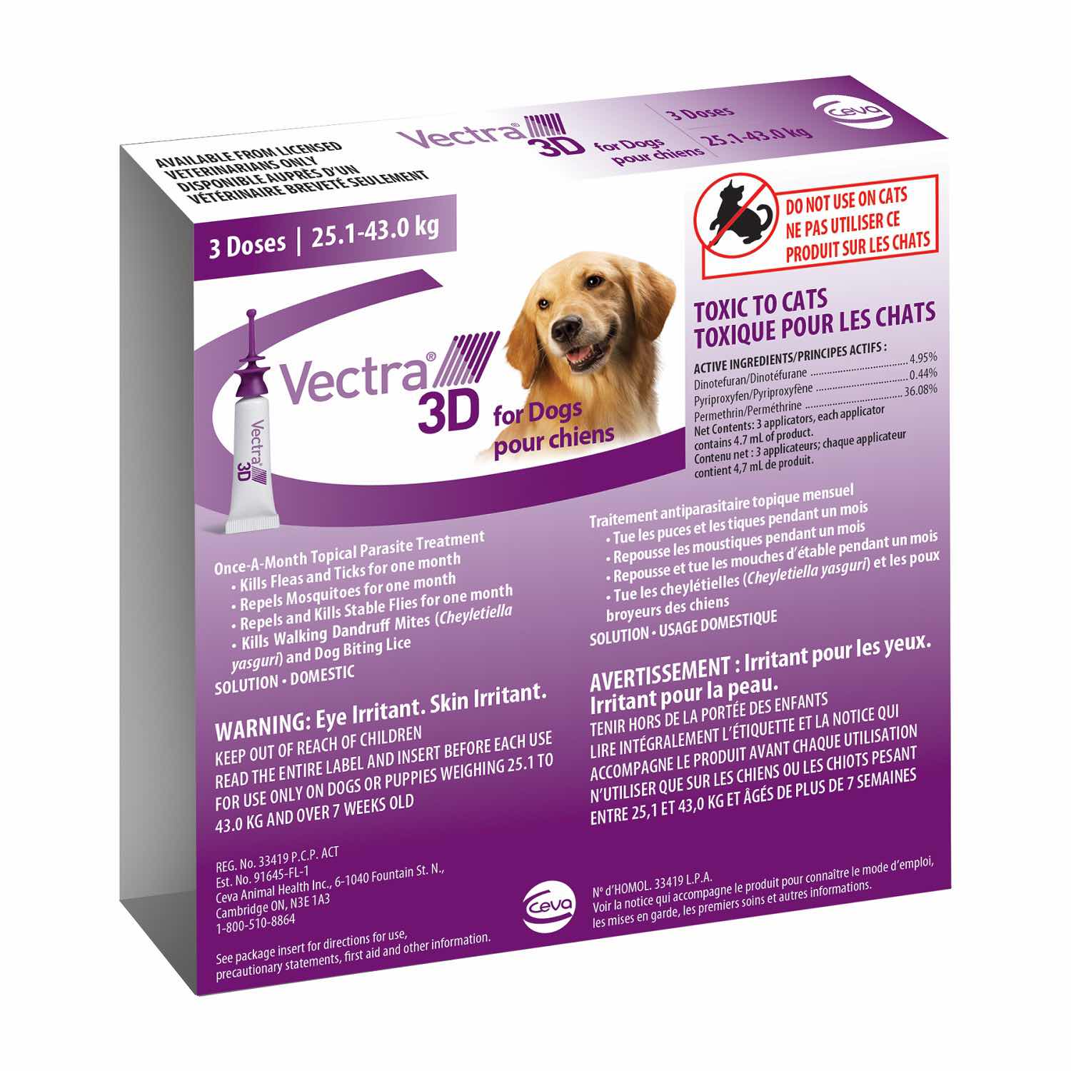 Vectra 3D For Dogs 25.1 To 43 kg (Purple) 3 Dose Pack - Pets Drug Mart
