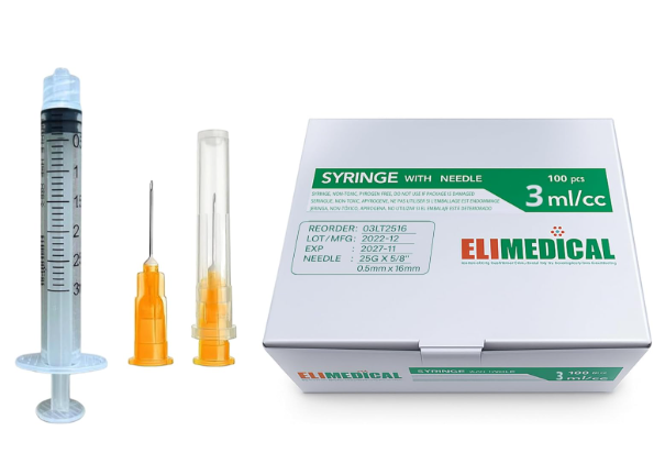 Elimedical Luer Lock Syringe with Needle 25G 5/8 Inch 3 CC